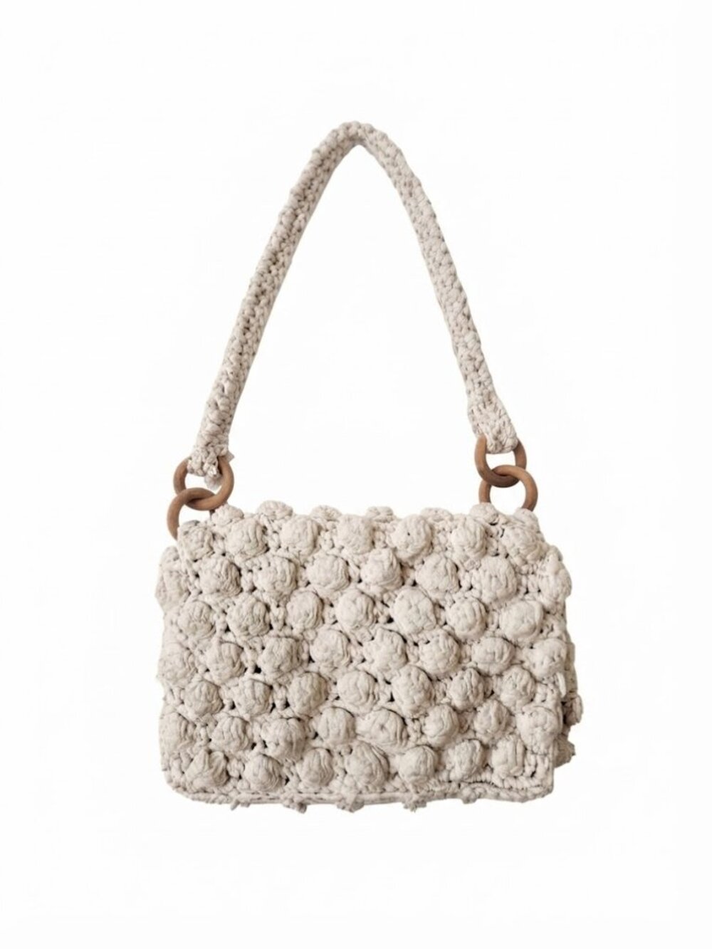 Zara Cream Crochet Shoulder Bag with Wooden Ring Accents